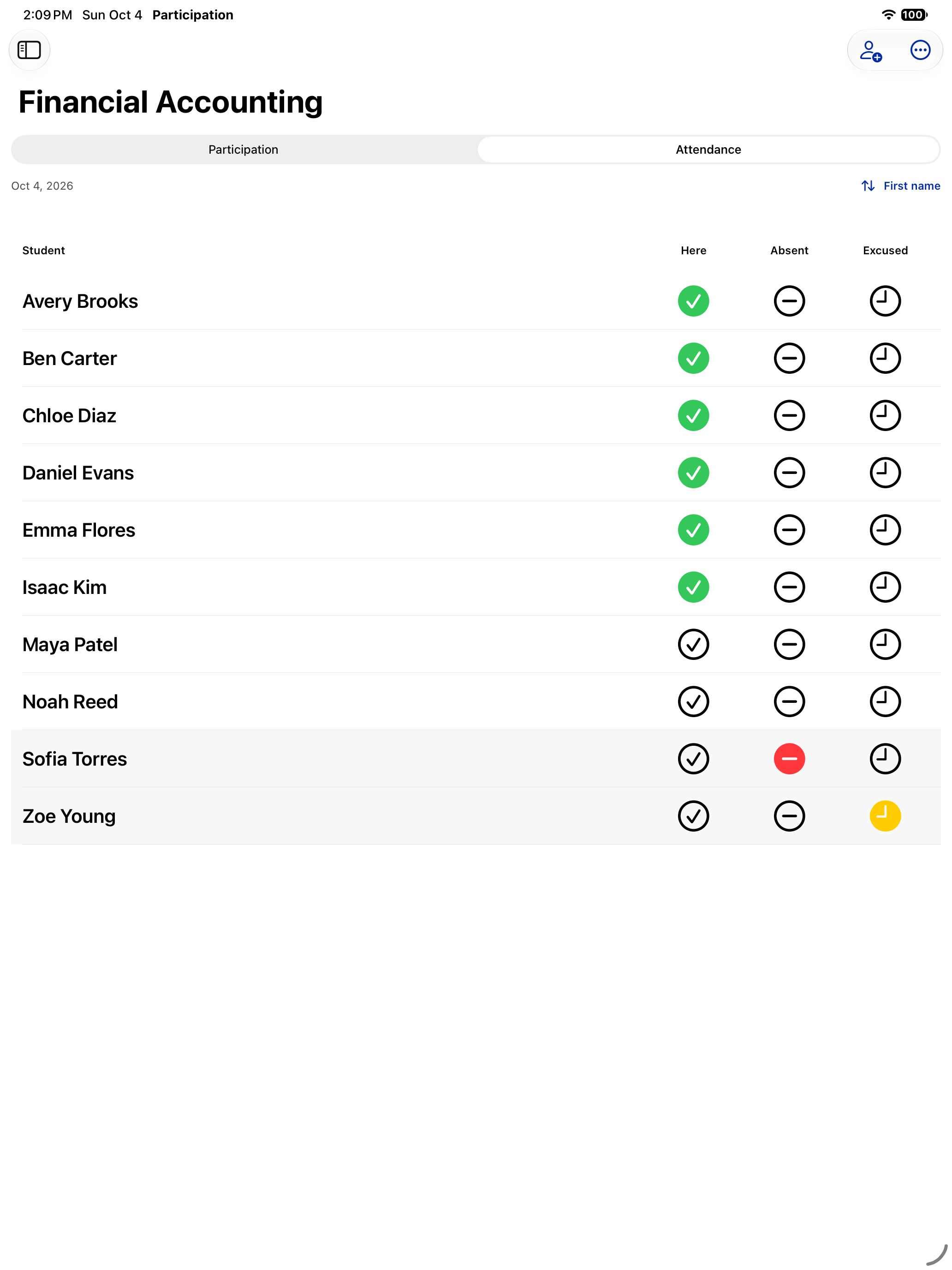 Current iPad attendance screen with larger student names and green Here, red Absent, and yellow Excused selections for fictional students.