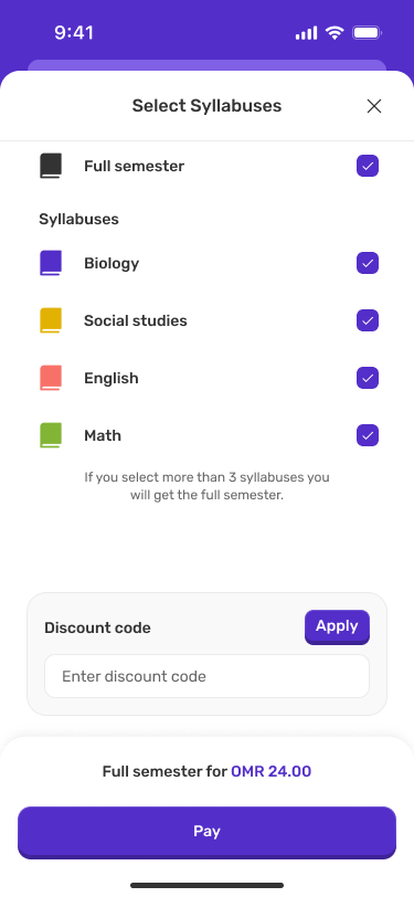 New subject selection, discount and final total