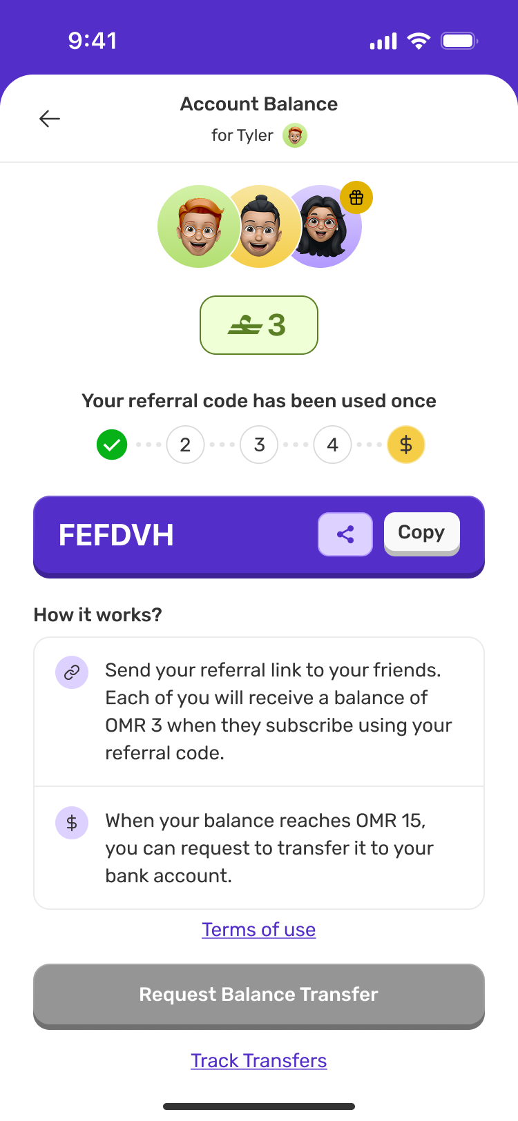 New referral code, terms and reward balance