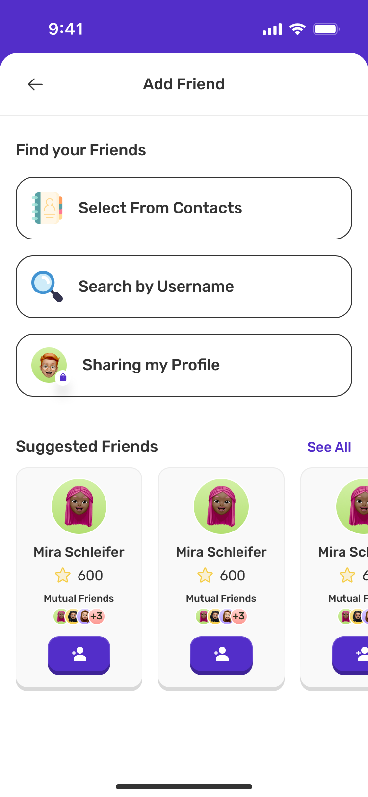 Find friends through contacts, username or profile sharing