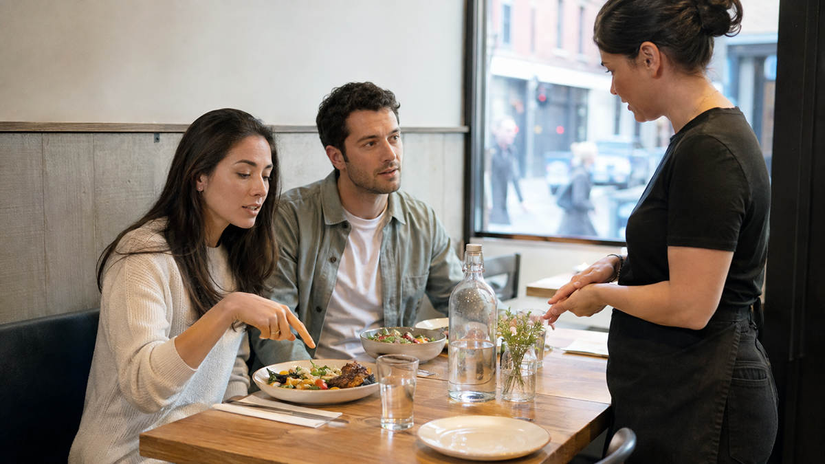 Adults discussing a restaurant meal with a server