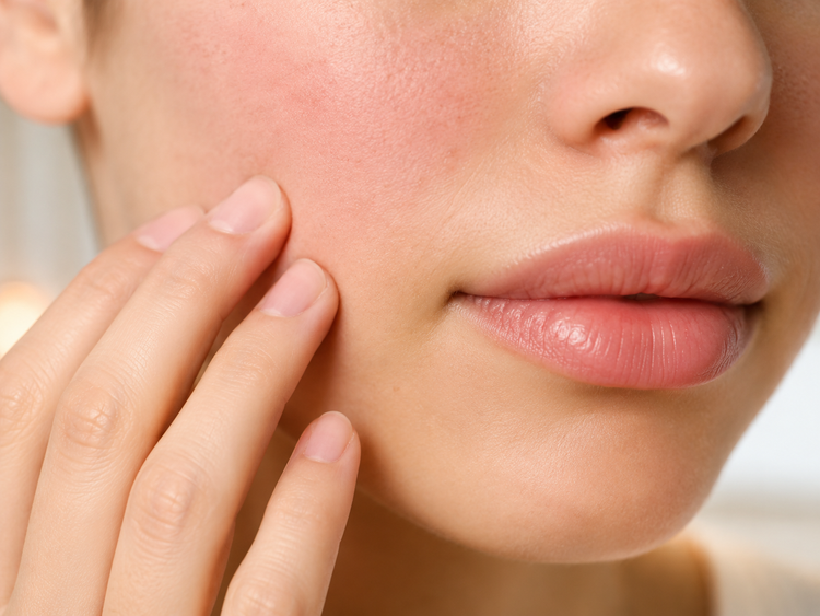 Close view illustrating facial and mouth symptoms during a possible food allergy reaction