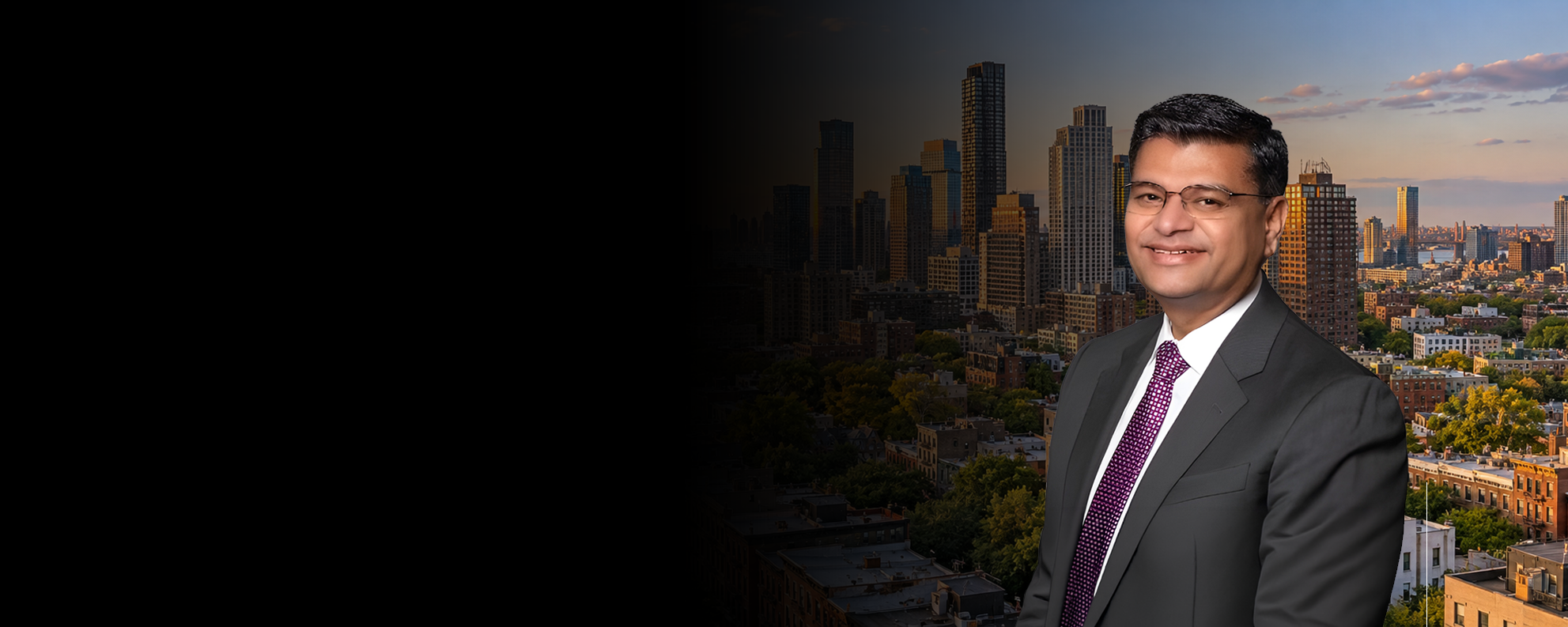 Dr. Atul Shah with a Brooklyn cityscape at sunset