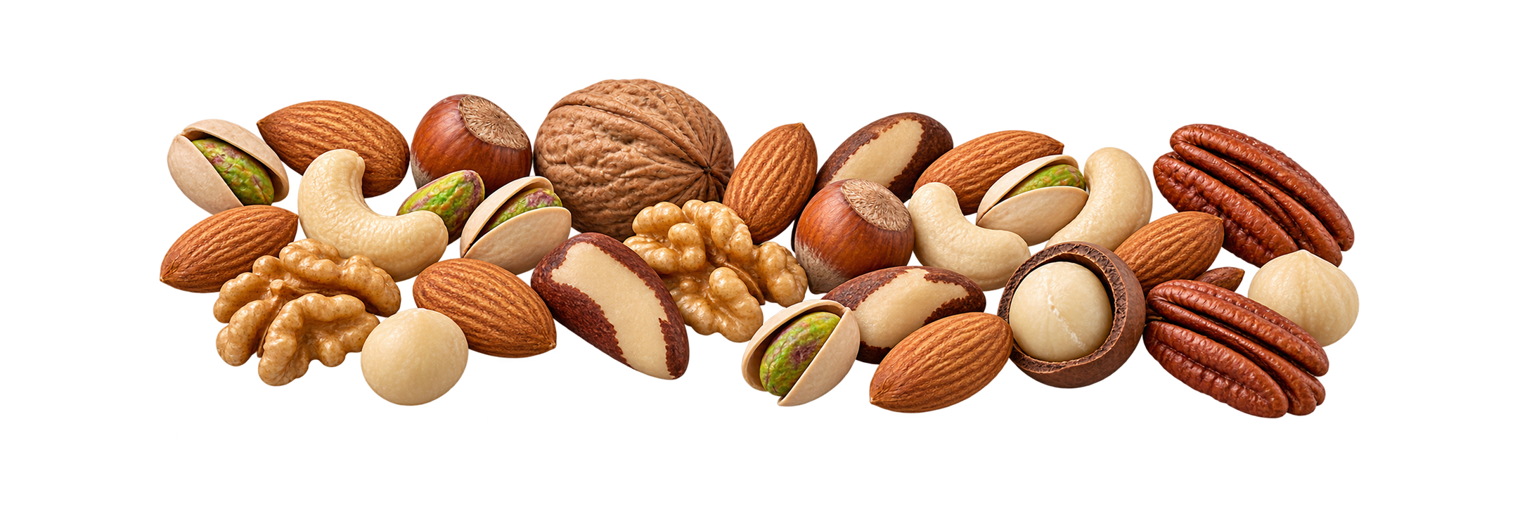 Assorted tree nuts on a white background