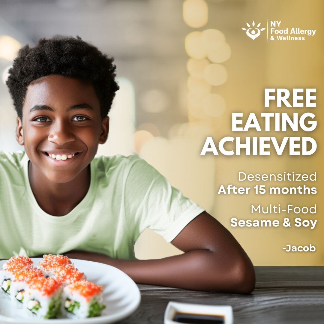 NYFA patient success image stating that Jacob achieved free eating after 15 months of sesame and soy desensitization