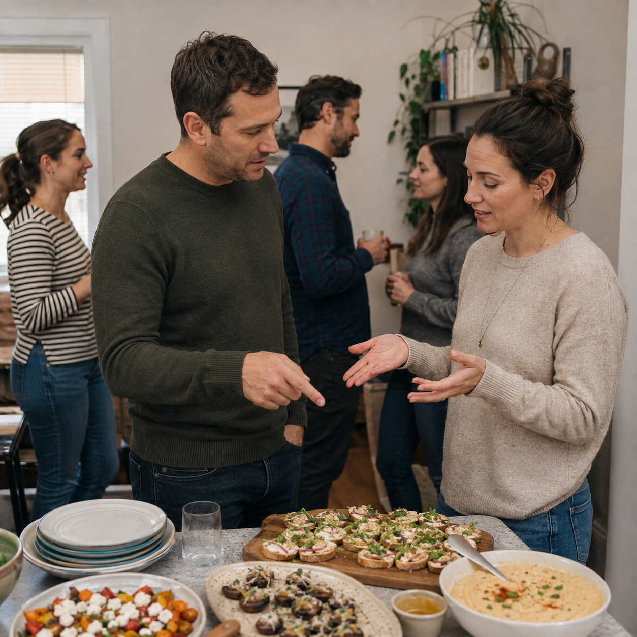 Adults talking beside a buffet at a social gathering