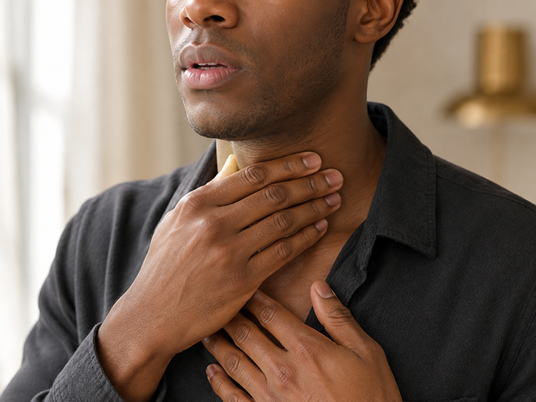 Close view illustrating throat and breathing symptoms during a possible allergic reaction