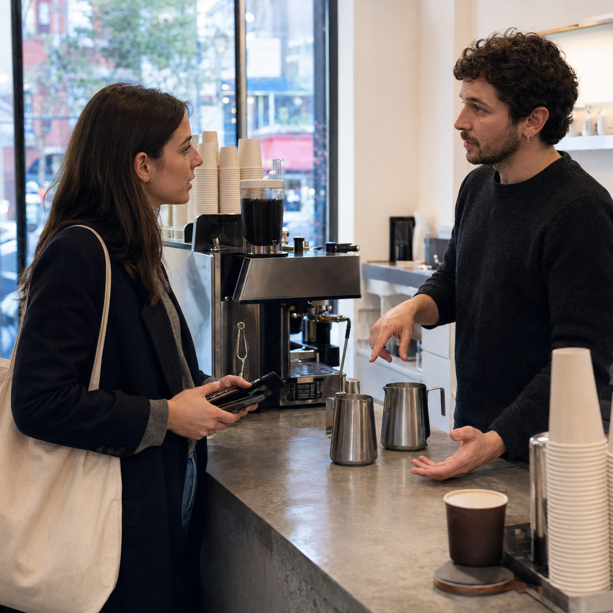 Woman asking a barista questions while ordering coffee