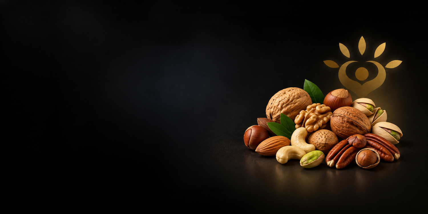 Assorted tree nuts on a dark background for the NY Food Allergy & Wellness tree nut allergy page