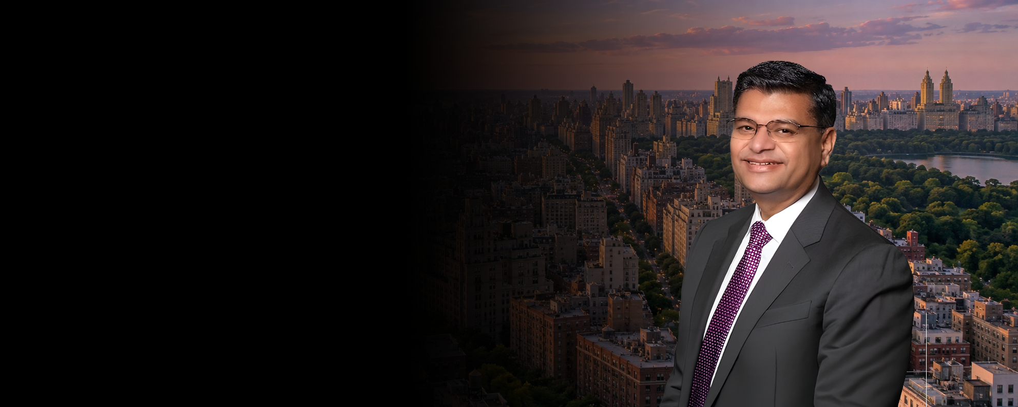 Dr. Atul Shah with the Upper West Side and Central Park skyline at sunset