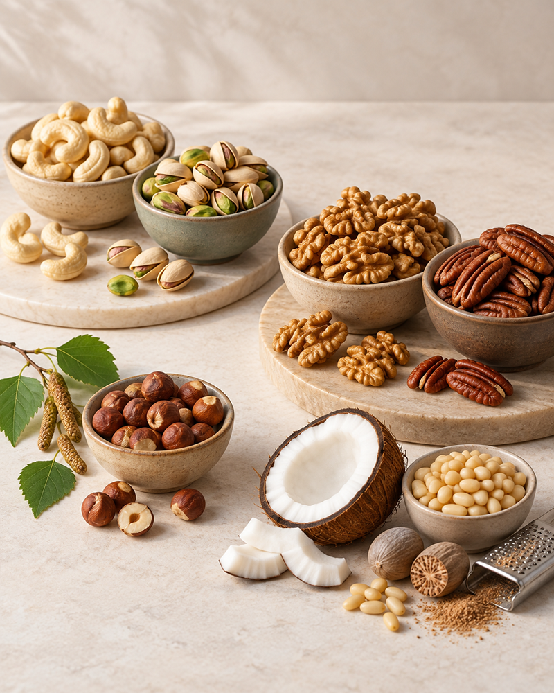 Assorted tree nuts illustrating tree nut allergy, related nut groups and cross-reactivity questions