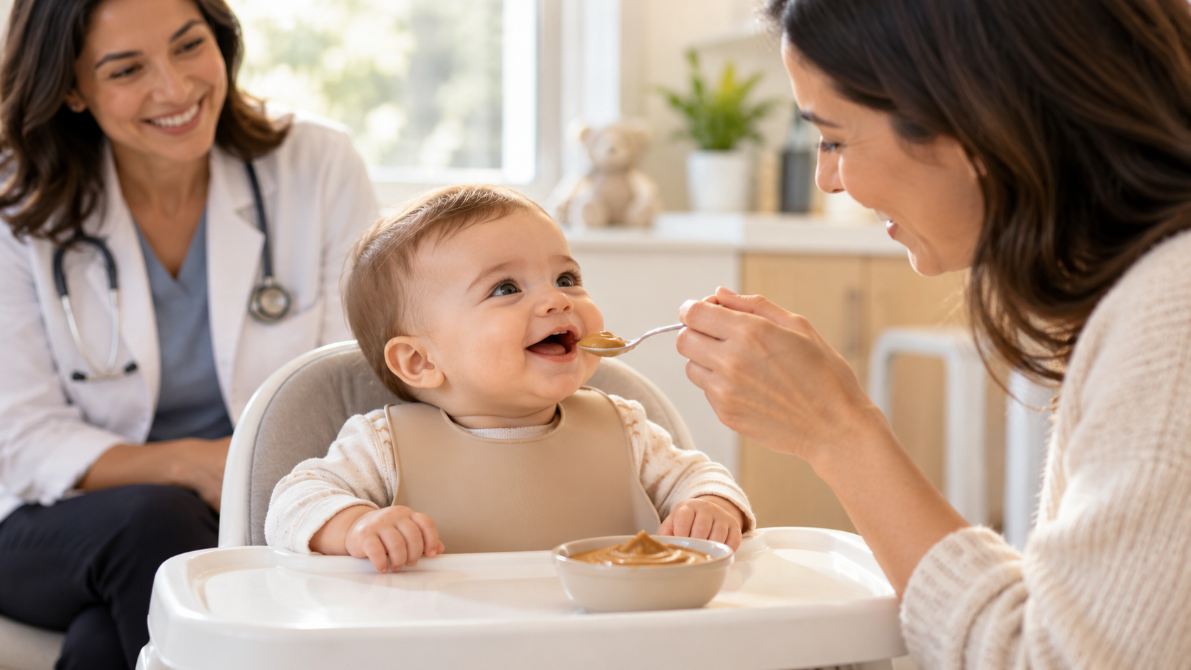 Parent introducing peanut-containing puree to an infant during medically supervised feeding guidance