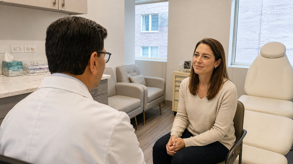 Adult patient discussing food allergy treatment with an allergist