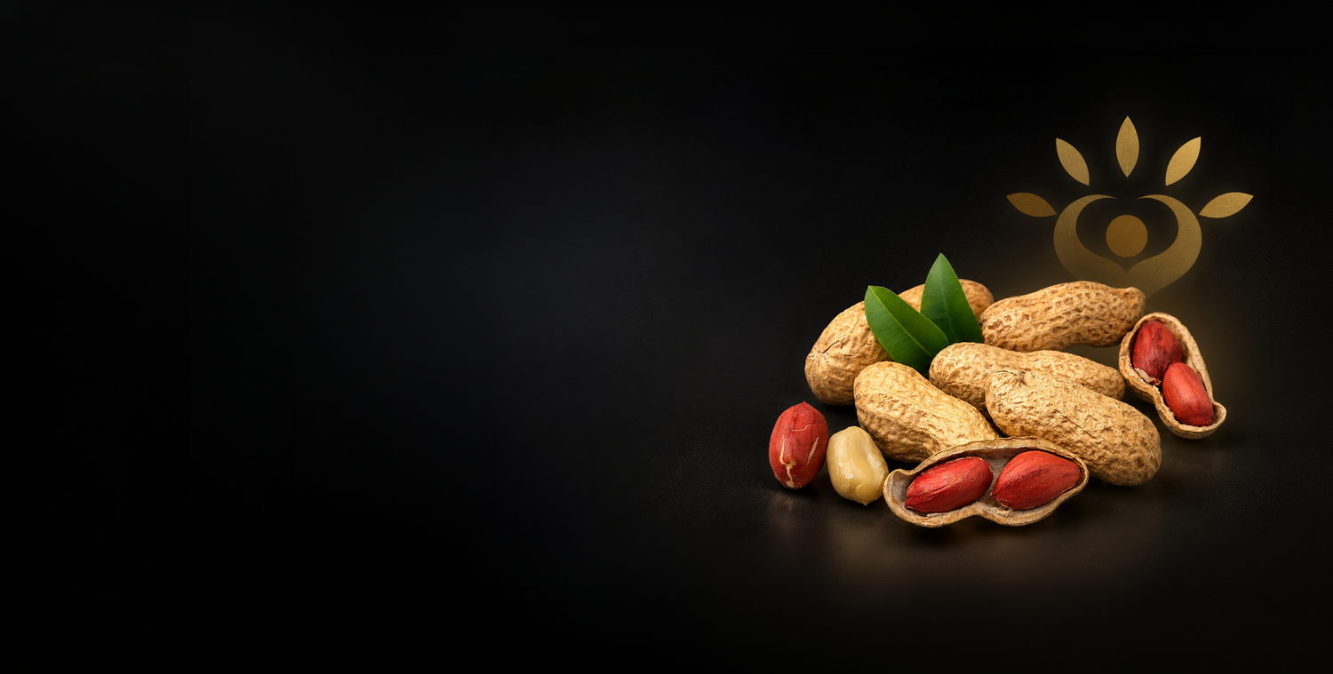 Peanuts in their shells on a black background with the NY Food Allergy & Wellness emblem