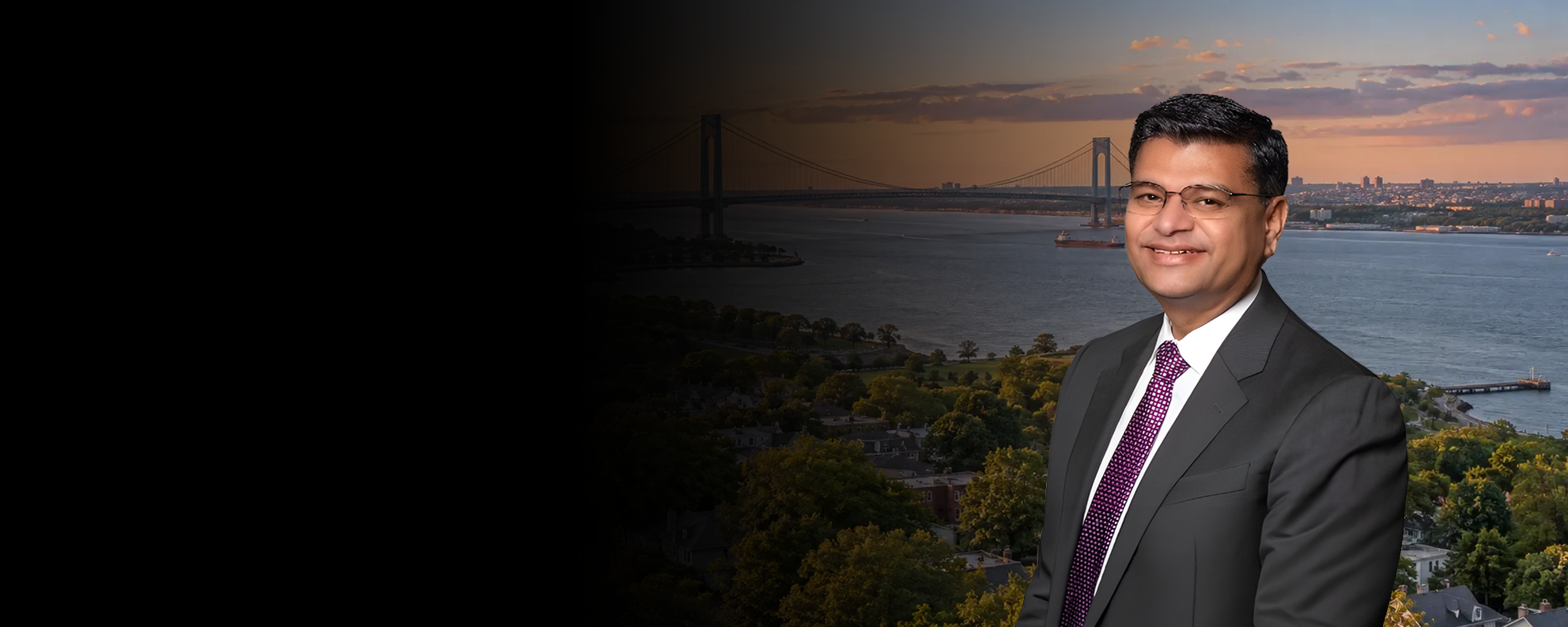 Dr. Atul Shah with a Staten Island waterfront backdrop