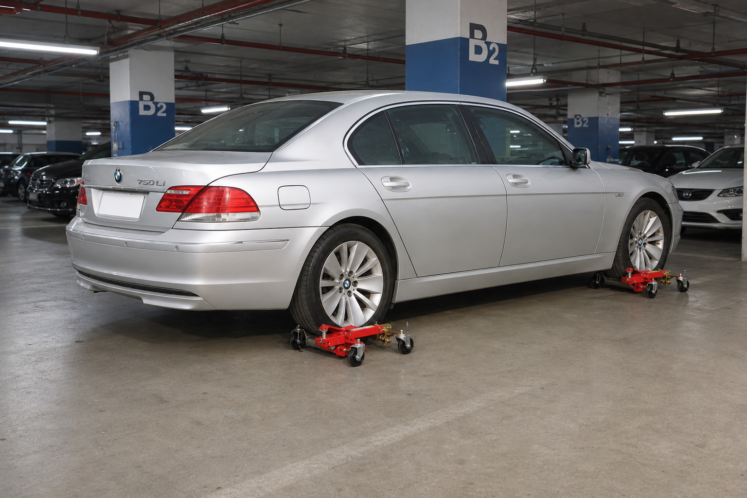BMW basement pull out recovery Dubai using wheel trolley system