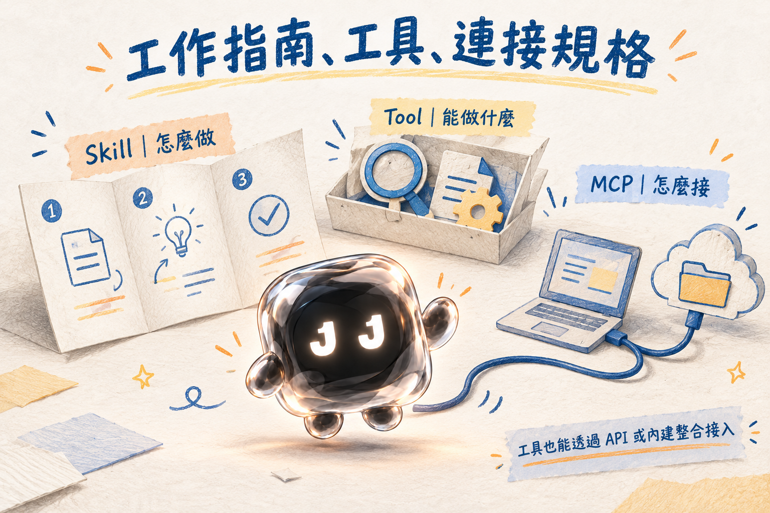 Skill、Tool、MCP 的工作指南、執行功能與連接規格對照圖