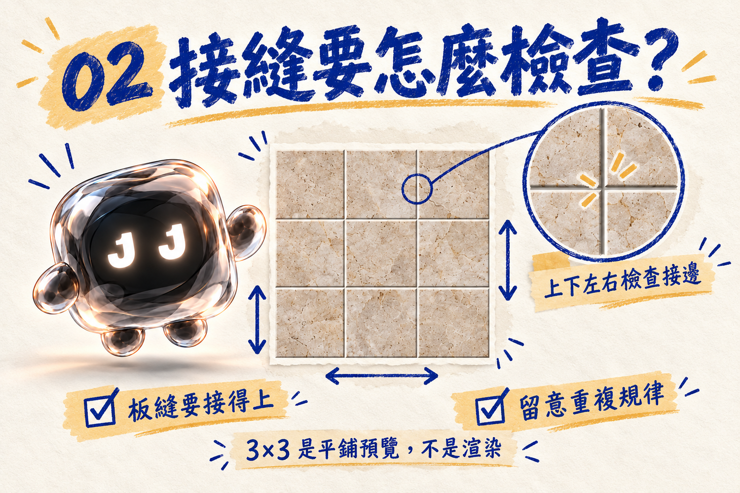 無縫拼接檢查：同方向 3×3 平鋪與接邊檢查