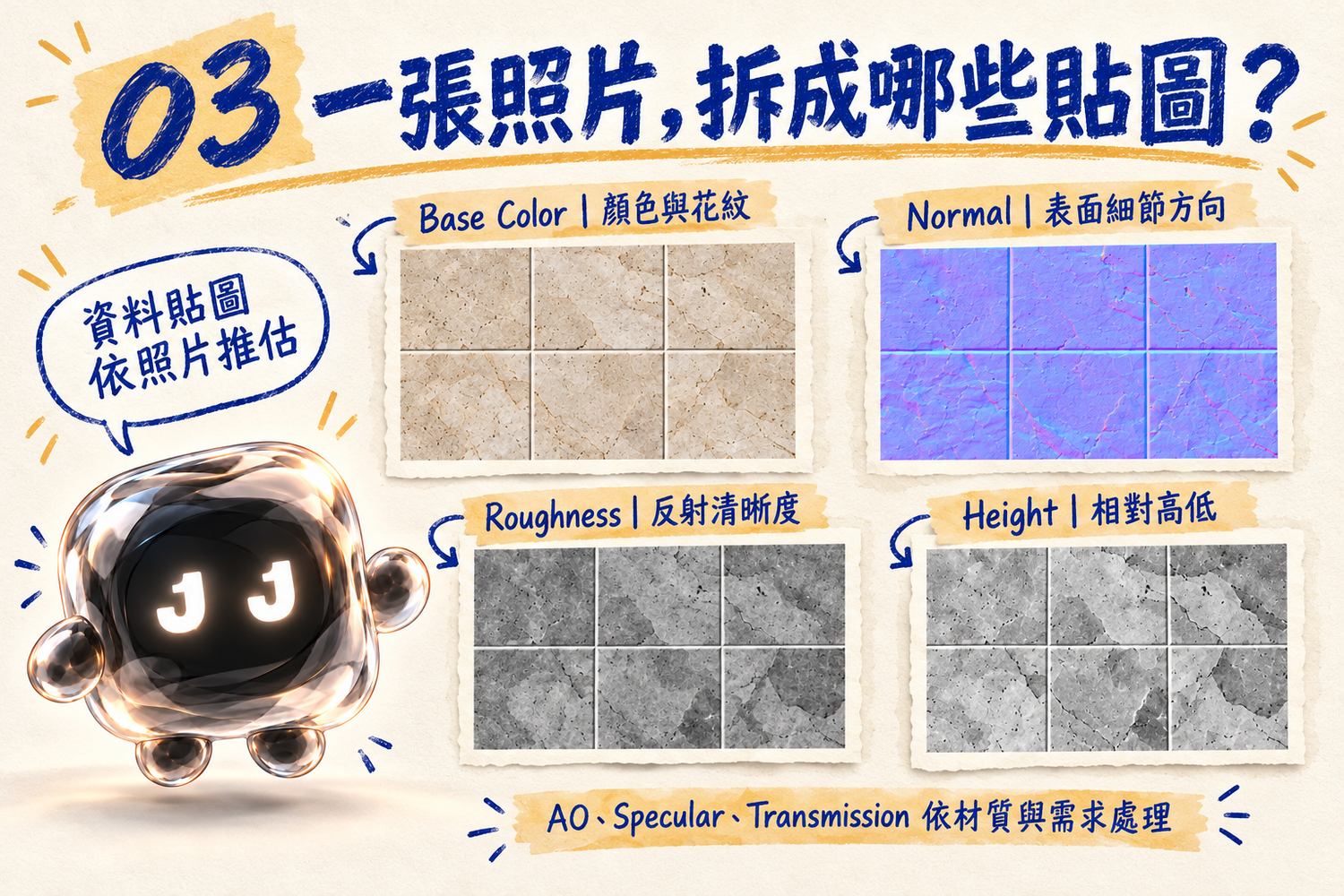PBR 貼圖用途：Base Color、Normal、Roughness 與 Height