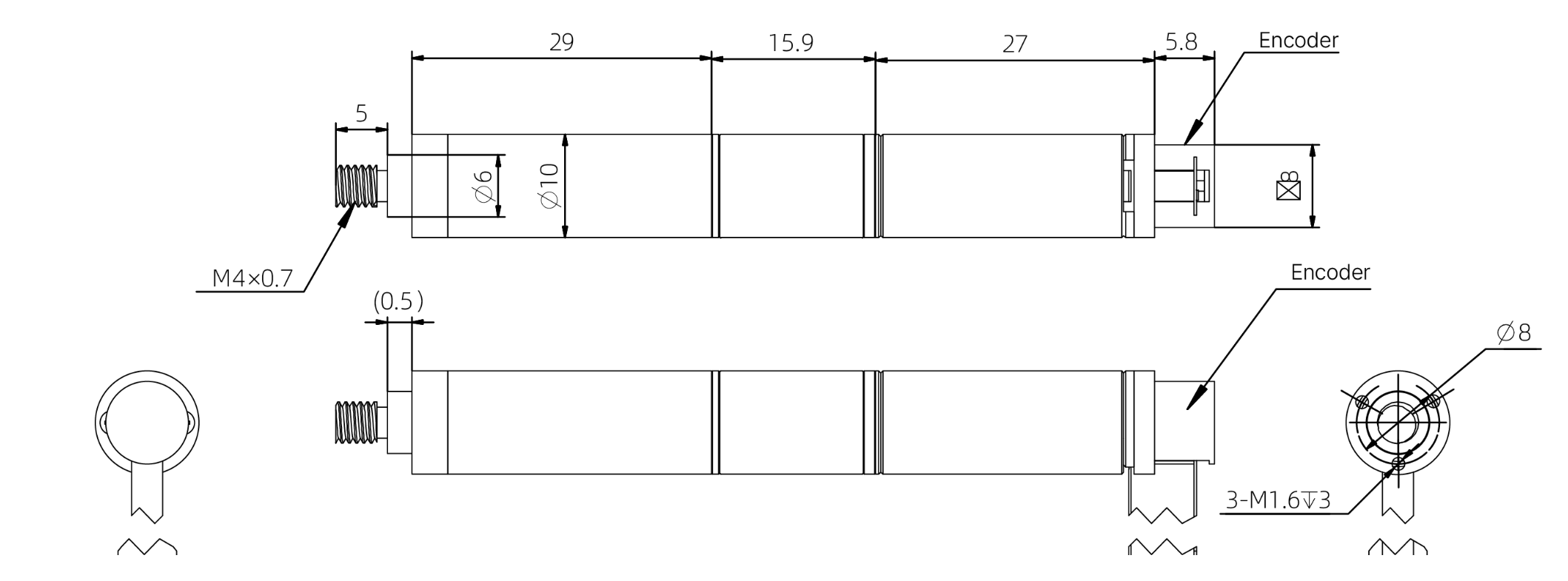 Engineering dimensional drawing of a DINGS' 10 mm coreless push rod actuator with encoder