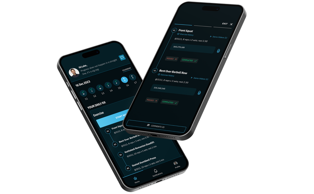 CoachRx mobile app showing an example exercise program on two phones