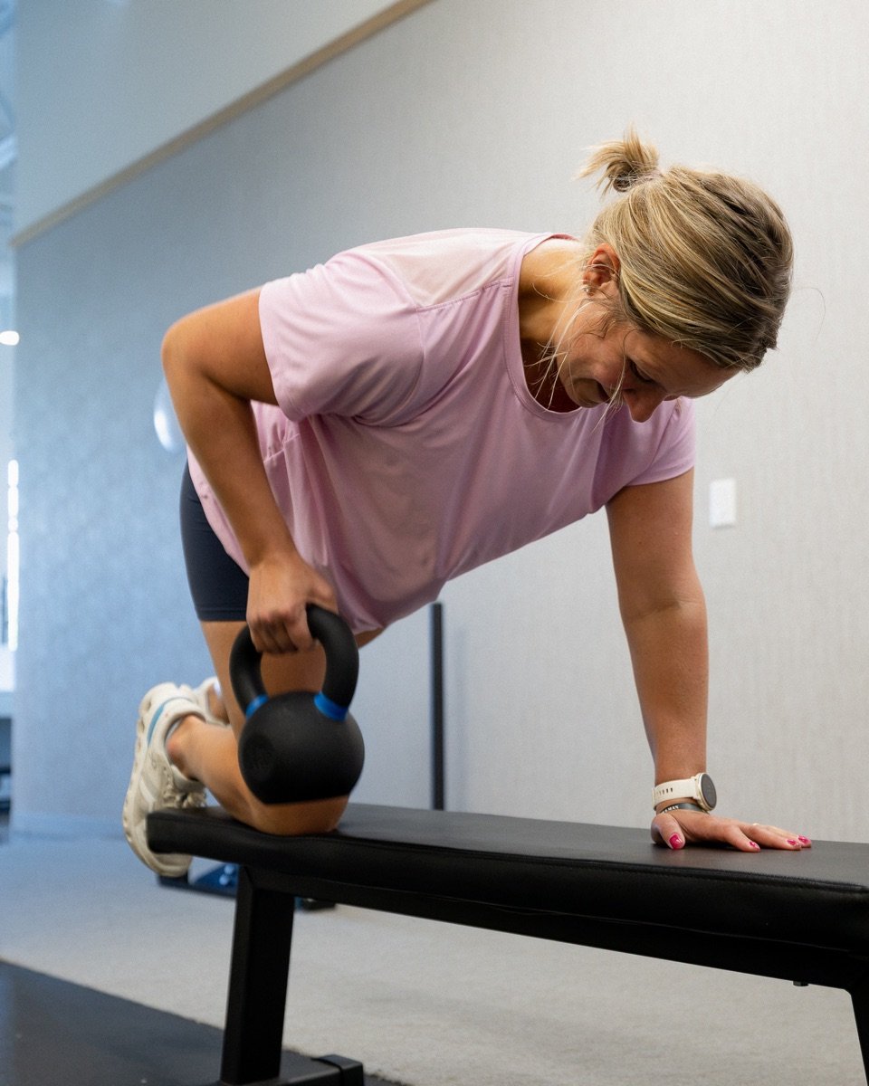 Client completing a supported kettlebell row during strength training