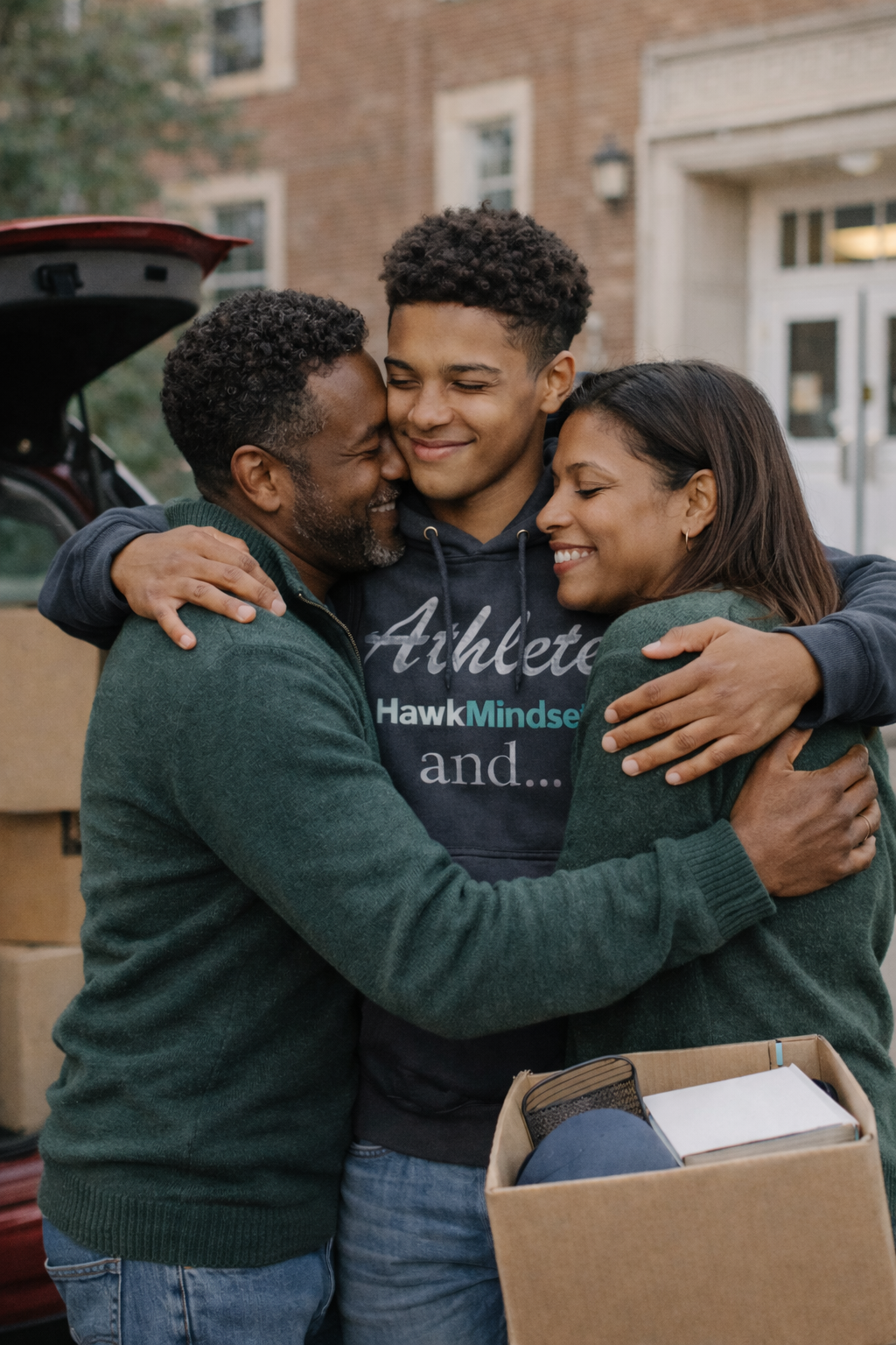 Parents hugging athlete during college move-in day