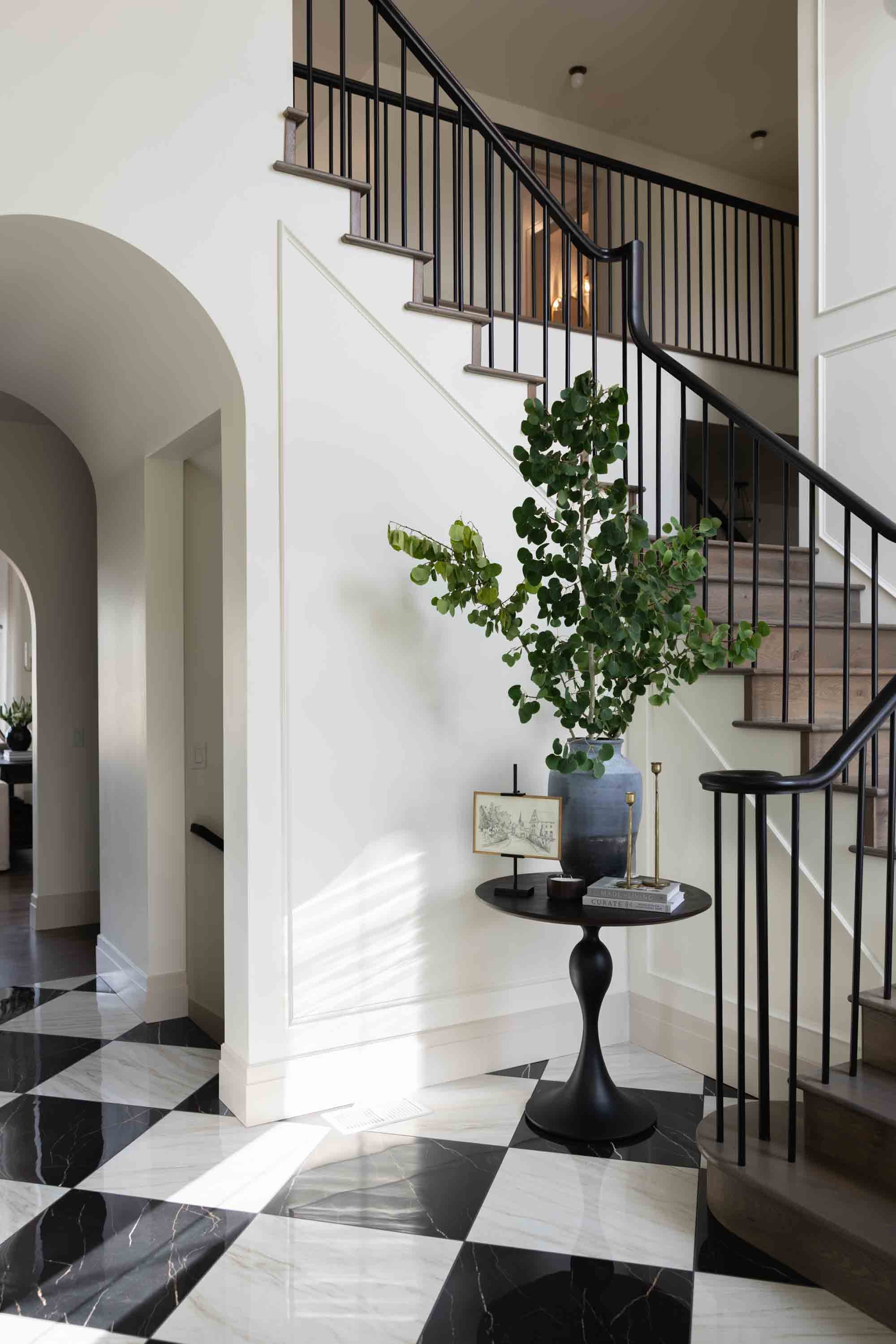 Entry stair with a potted olive tree