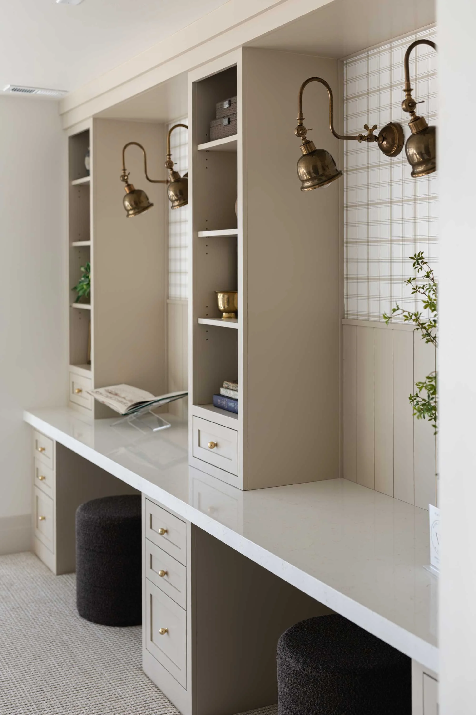 Built-in shelving with brass picture lights