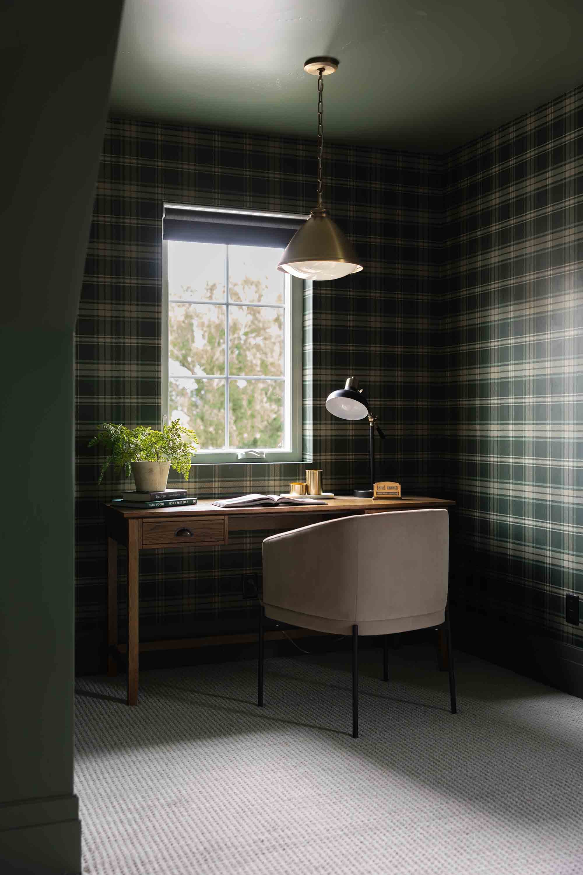 Office with a green plaid wallcovering