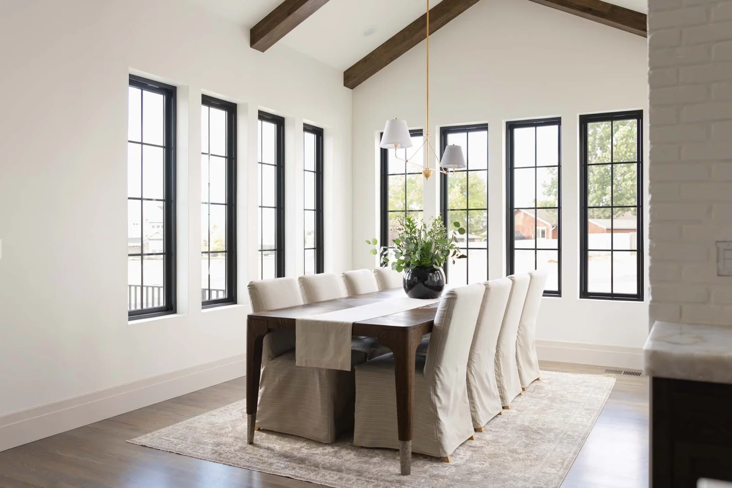Dining room under exposed beams