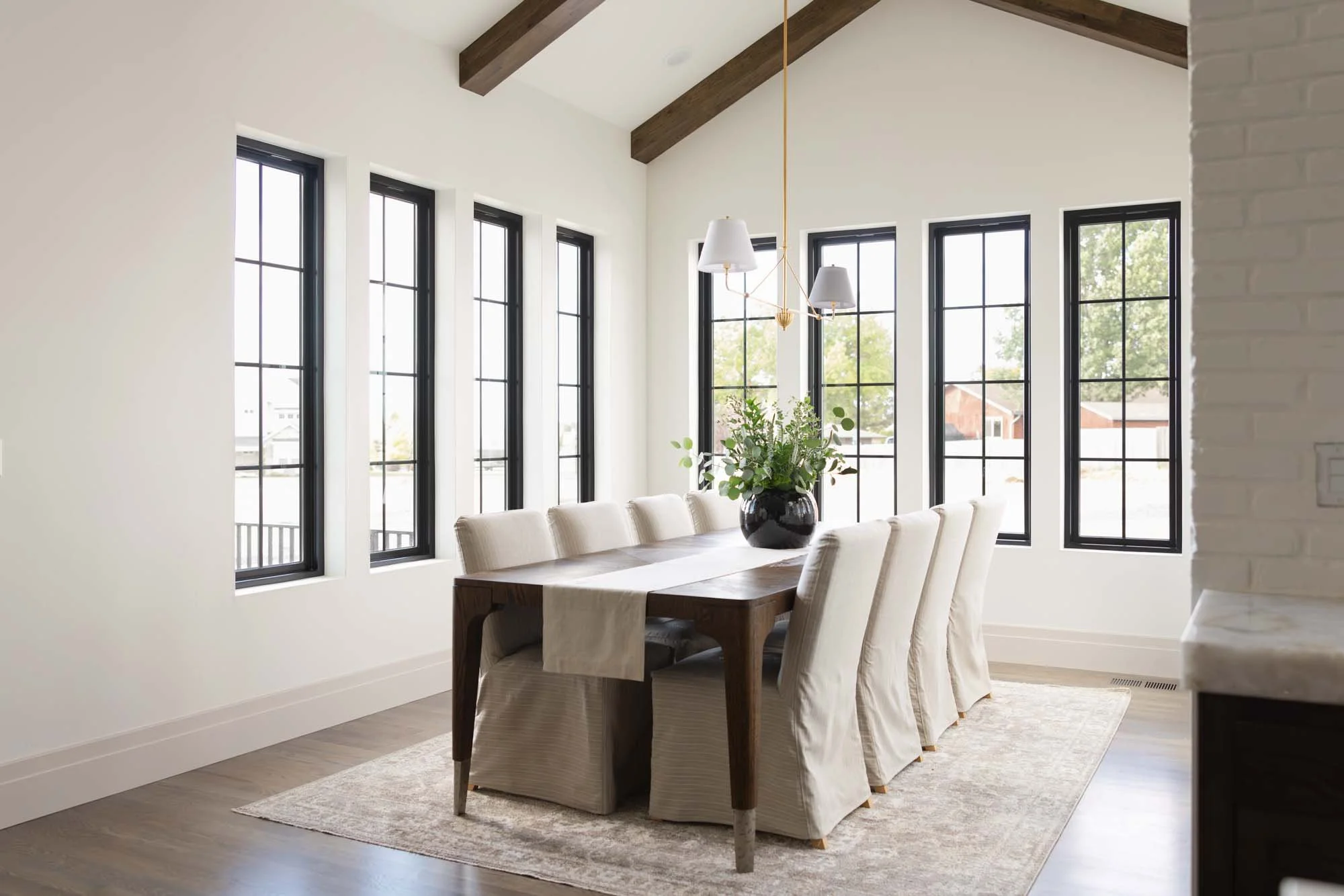 Dining room under exposed beams