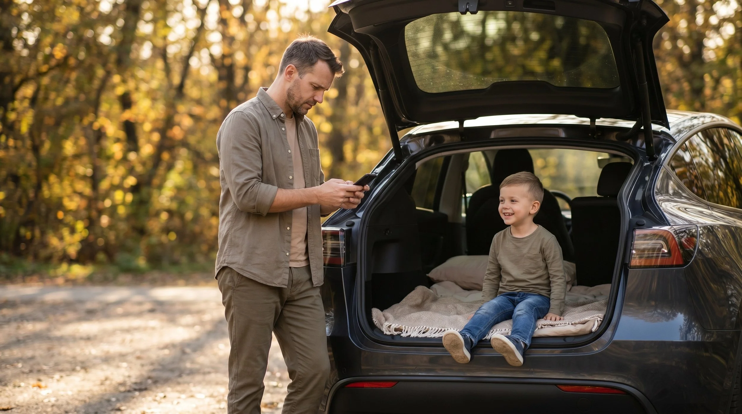 People relaxing and sleeping inside an electric vehicle while camping