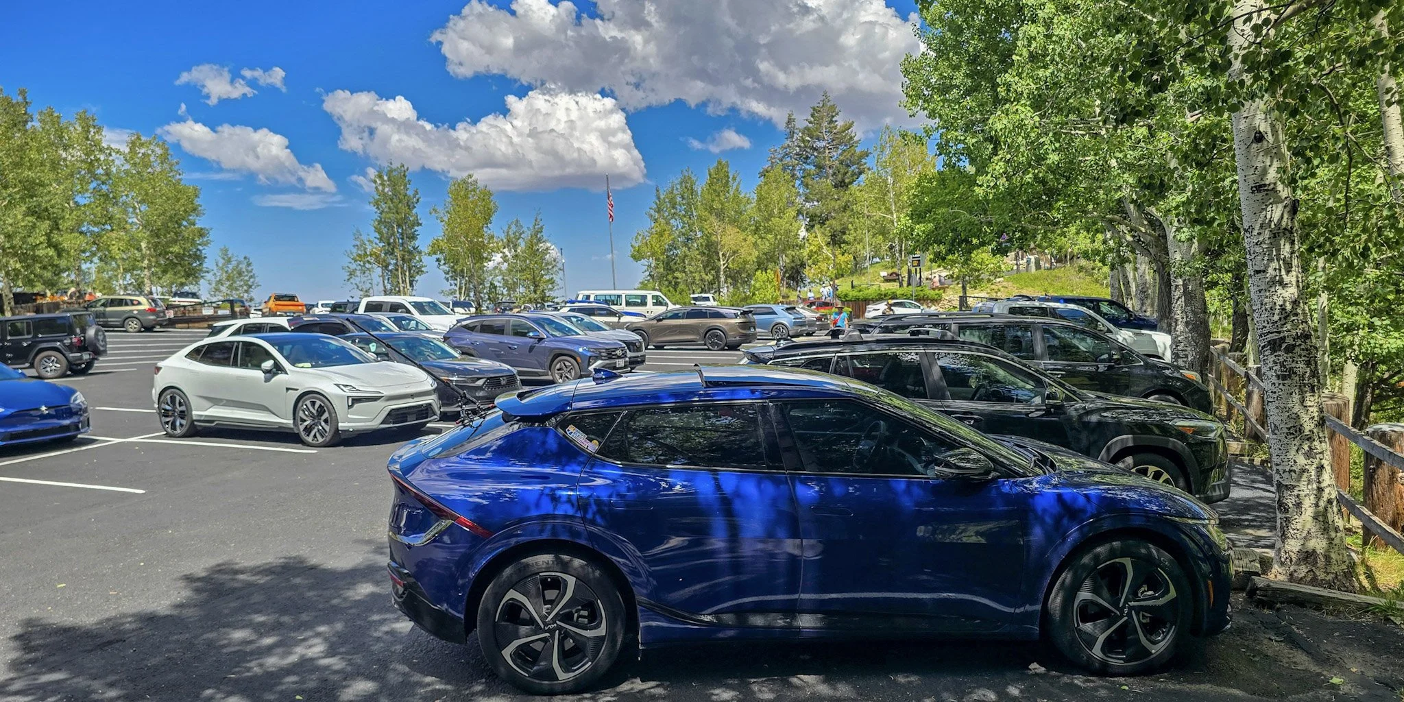 Electric vehicles belonging to attendees at the DRIVE Electric Arizona EV Rally to Mt. Lemmon