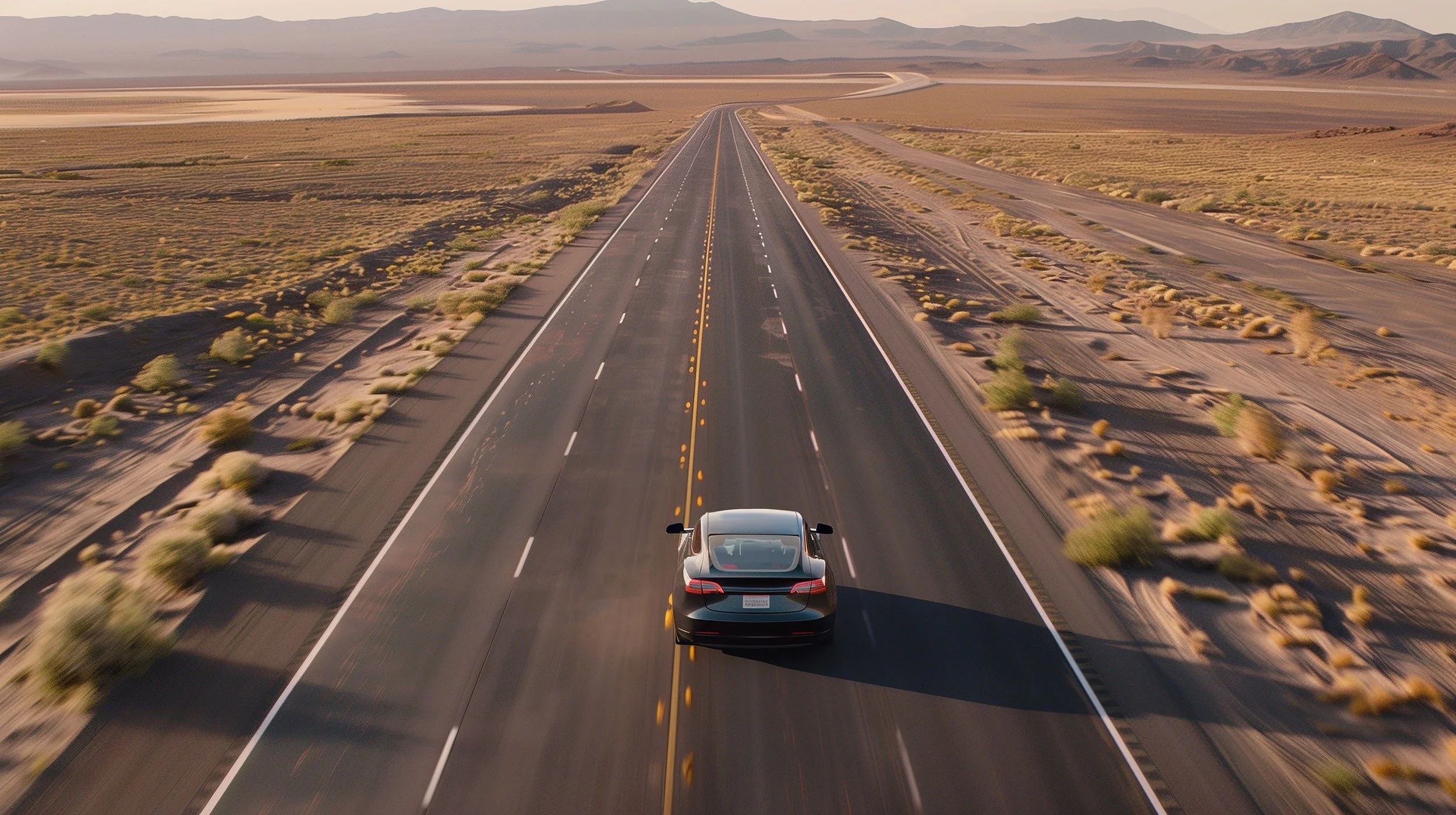 Electric vehicle driving along an open desert highway