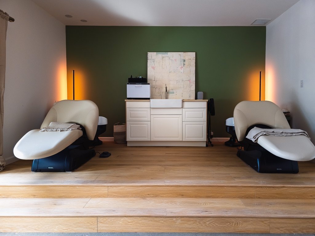Two white reclining treatment chairs in the âme vitality treatment room.