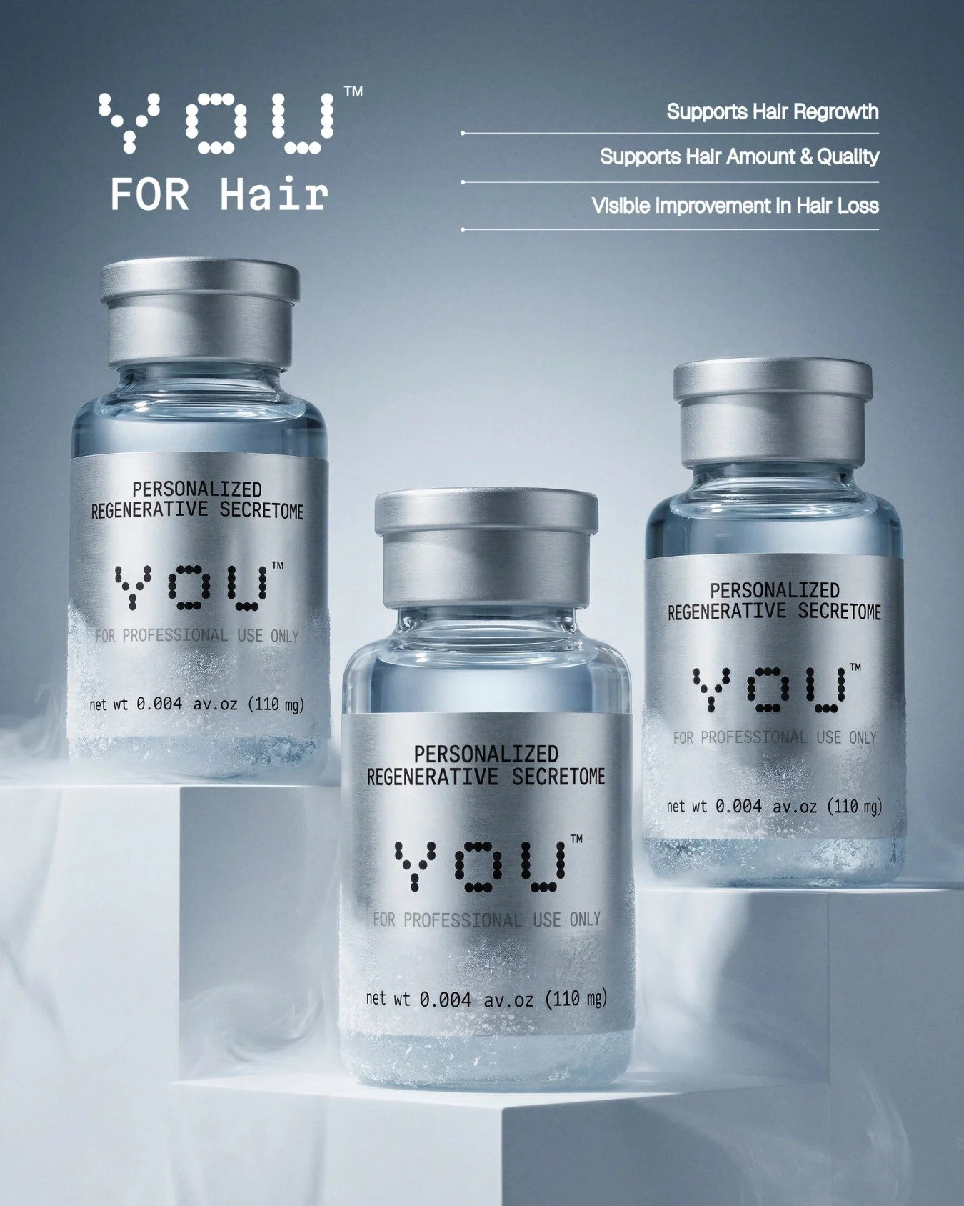 Three ACORN YOU personalized secretome vials for professional hair care.