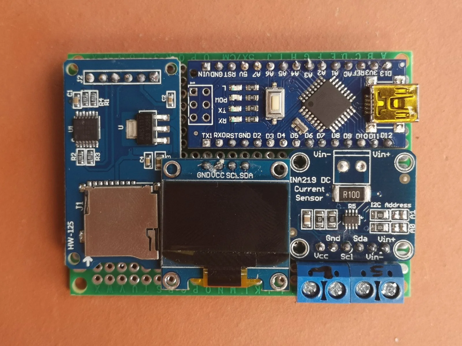 Compact prototype board with current sensor, July 2020