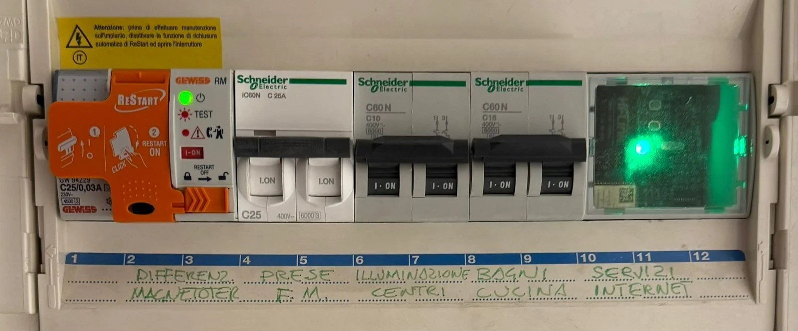 An electrical panel with an EnergyMe Home installed and its green LED lit