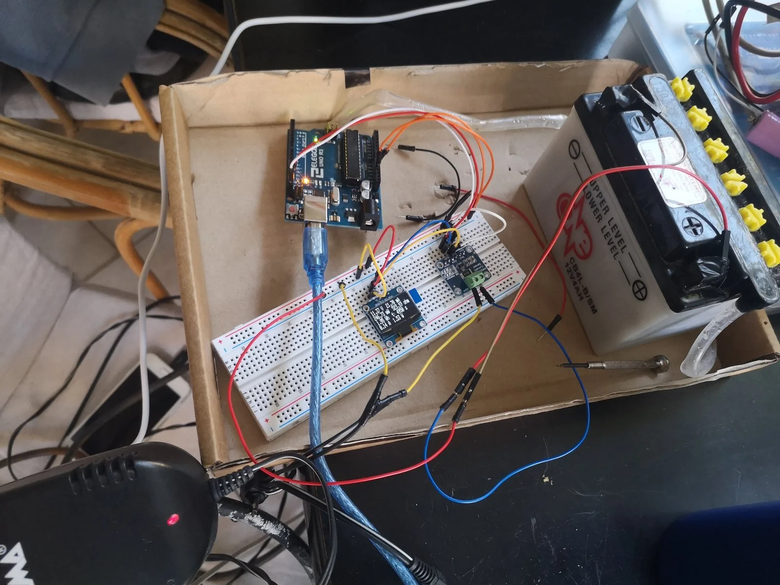 First prototype on a breadboard, April 2020