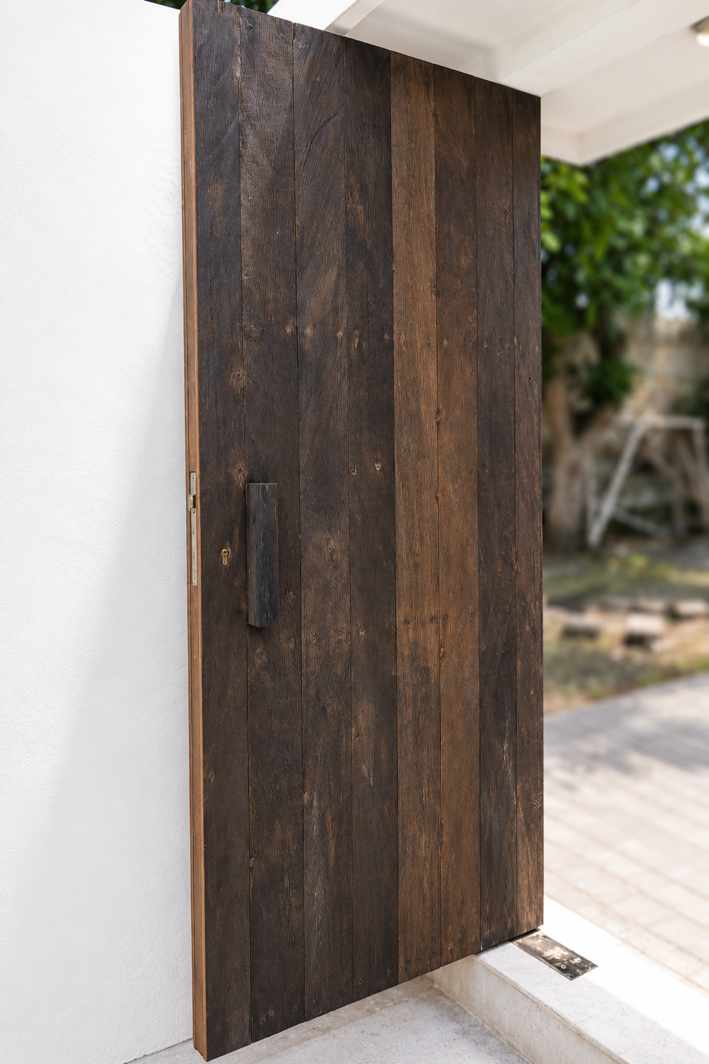 Open reclaimed Ulin architectural door installed in a finished interior