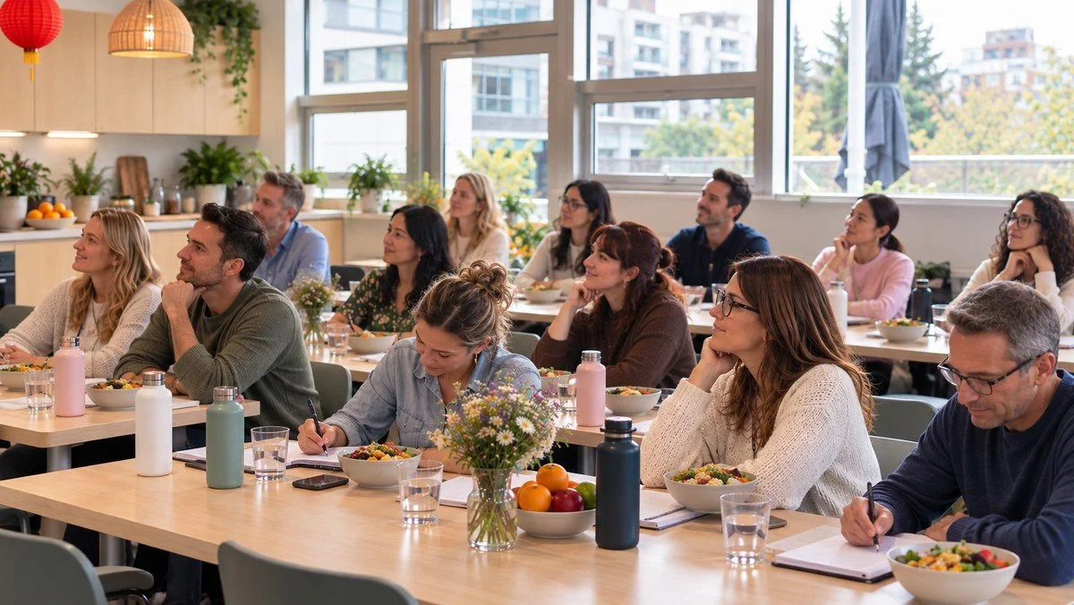 A mixed group of parents at a bright parent workshop, listening and taking notes at tables with small bowls of fresh food and fruit.