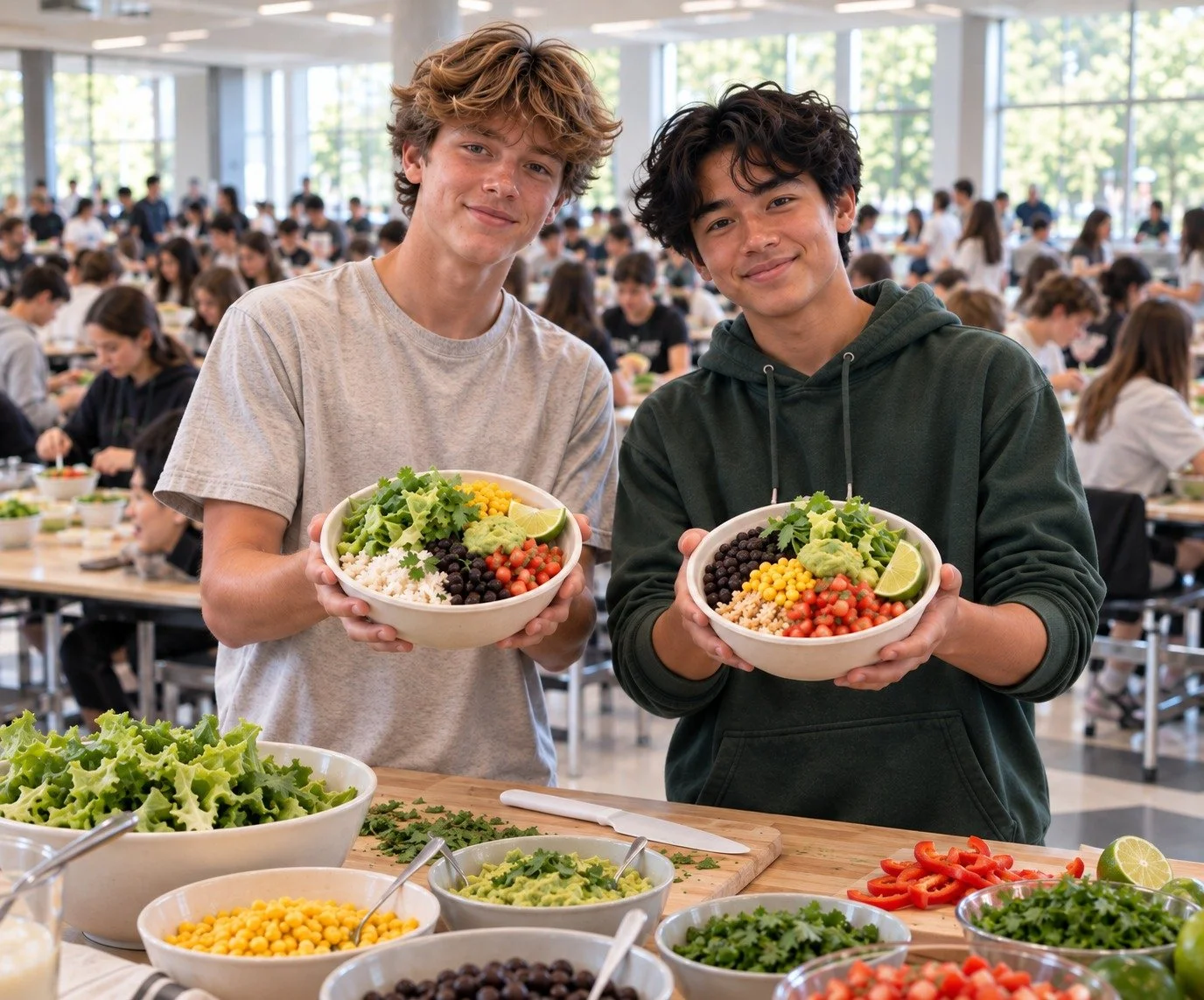 Two teenage boys smiling and holding their own colourful finished burrito bowls with rice, black beans, corn, lettuce, tomatoes, guacamole, cilantro and lime, standing at a workstation with a cutting board, white plastic knife and fresh toppings, in a busy school cafeteria full of other students building their own burrito bowls in the background.