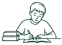 Hand-drawn illustration of a student writing in a notebook beside a stack of books, staying focused.