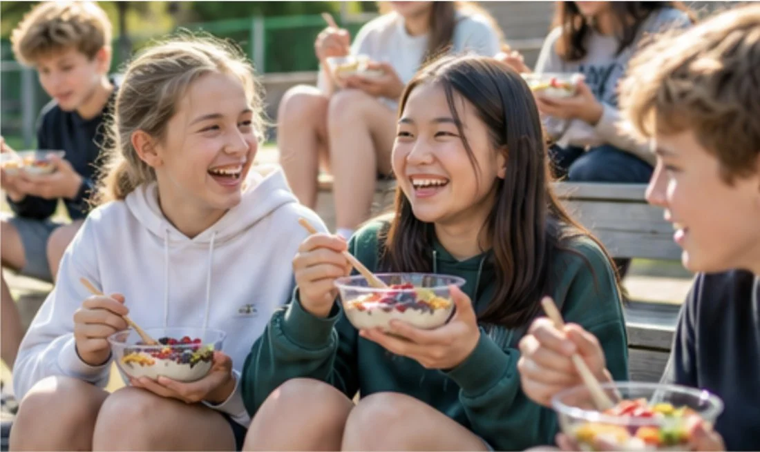 A diverse group of middle and high school students sitting together outside on benches in warm sunshine, laughing and talking while eating their own Power Bowls topped with yogurt, fruit and granola.