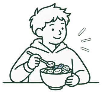 A teenage student eating from a bowl.