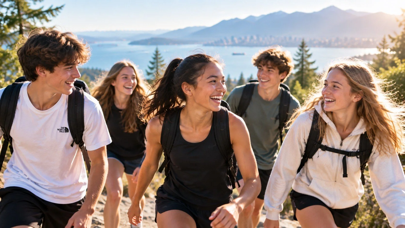 Five students hiking a sunlit mountain trail above a lake, laughing together with mountains and forest in the background; a boy on the left, a girl in the center, and a girl on the right are the foreground focus