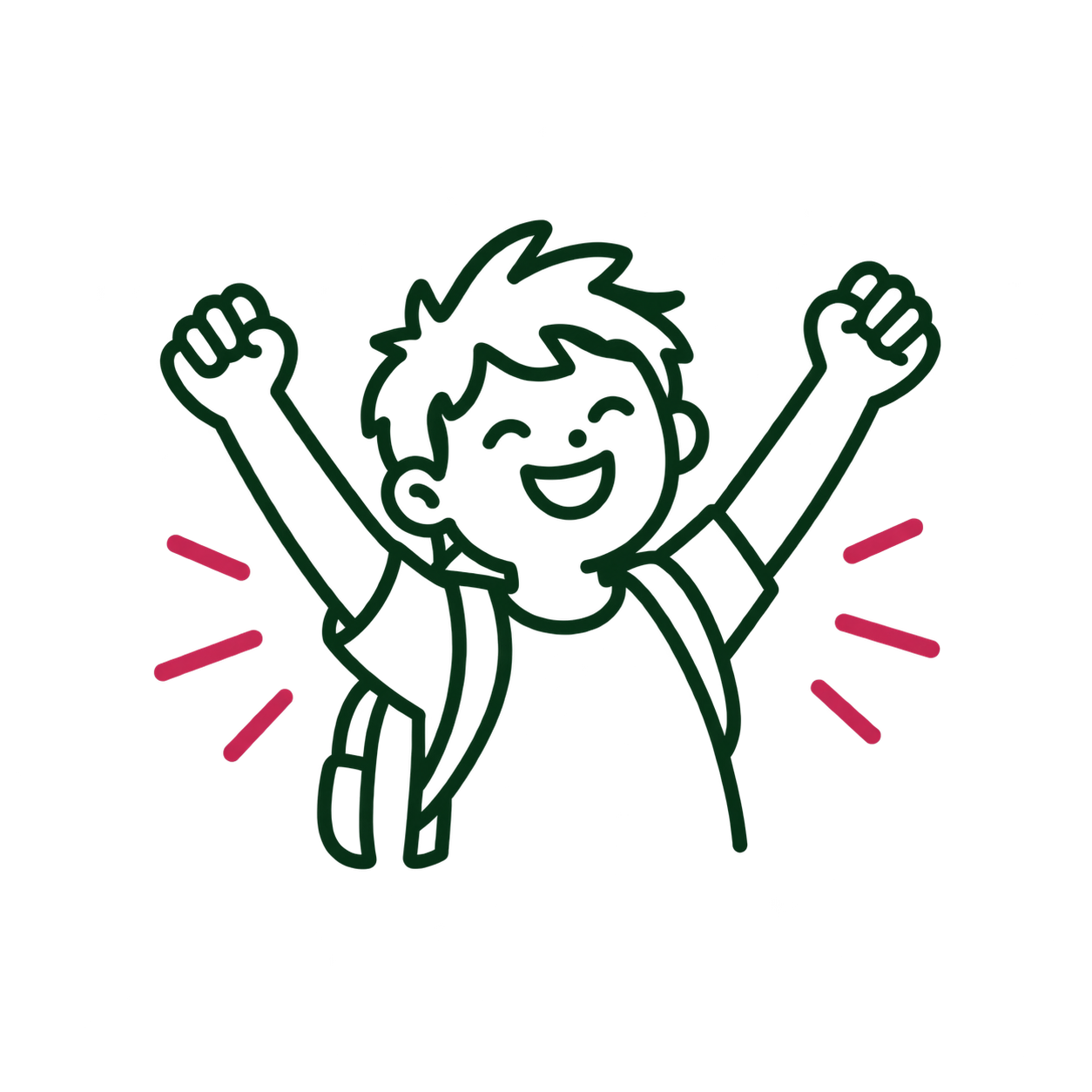 Illustration of a joyful student wearing a backpack with both arms raised, celebrating