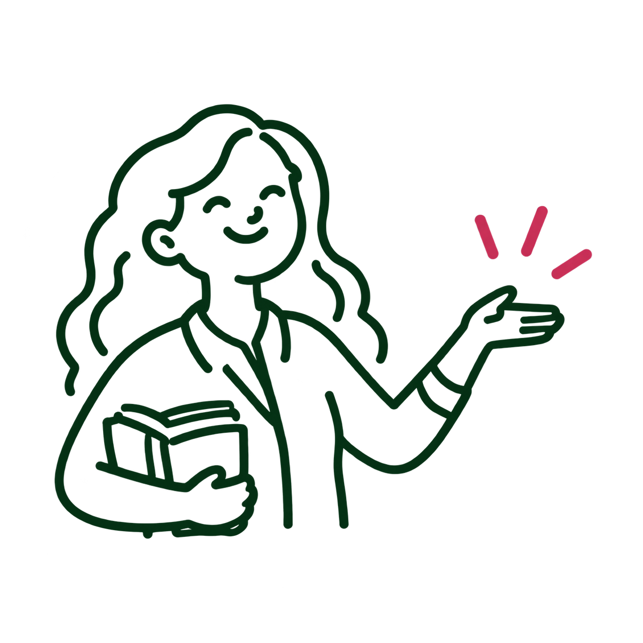 Illustration of an educator holding an open book, extending her other hand outward in a supportive gesture