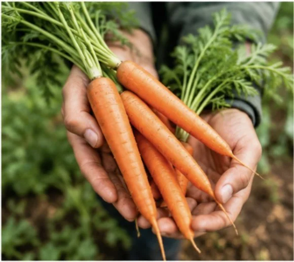 A close-up of two hands holding a freshly picked bunch of carrots with their green tops still on, in an outdoor garden setting